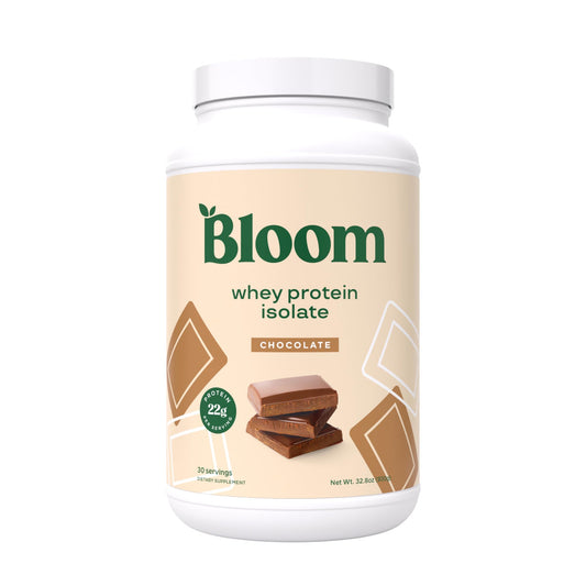 Bloom Nutrition Whey Isolate Chocolate tub highlighting high-quality protein for recovery