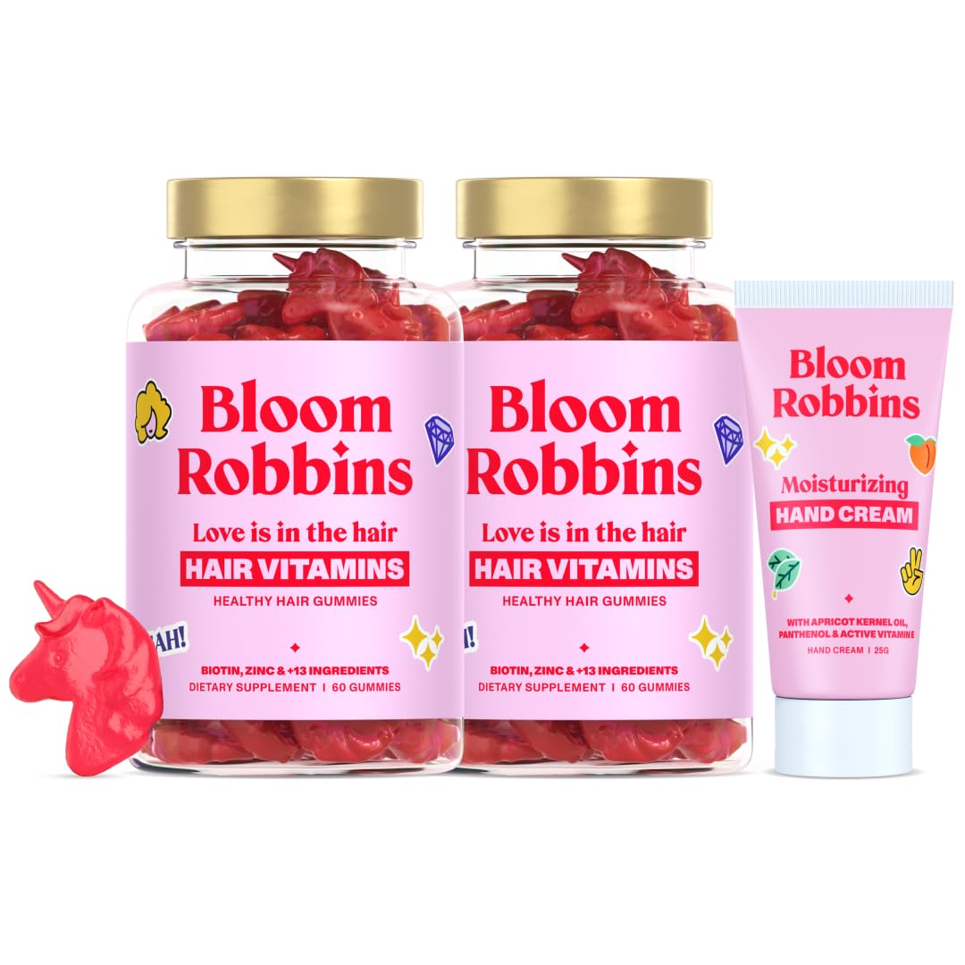 Bloom Robbins Hair Gummies bottle front showing convenient daily vitamins for healthy-looking hair.