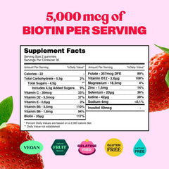 Bloom Robbins gummies close-up bottle highlights vegan, non-GMO biotin benefits