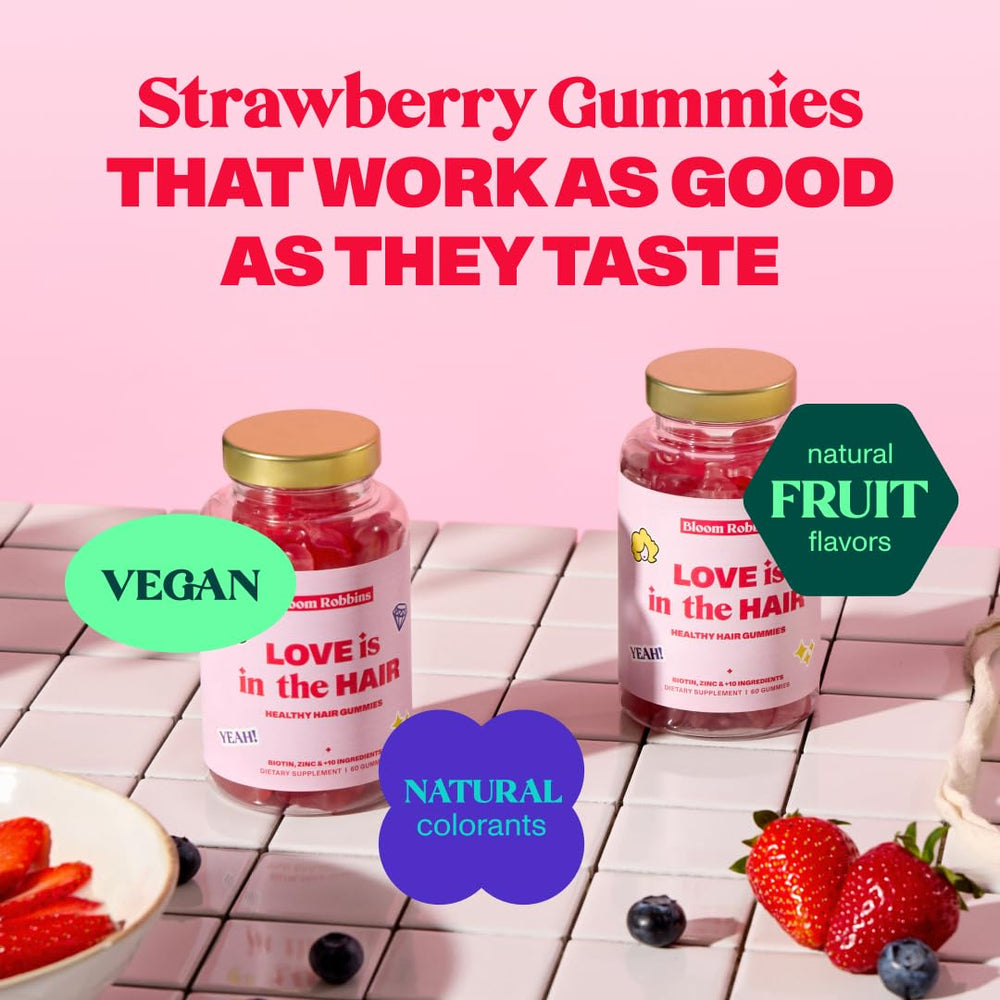 Bloom Robbins Hair Gummies ingredients chart featuring biotin and vitamins for hair support.