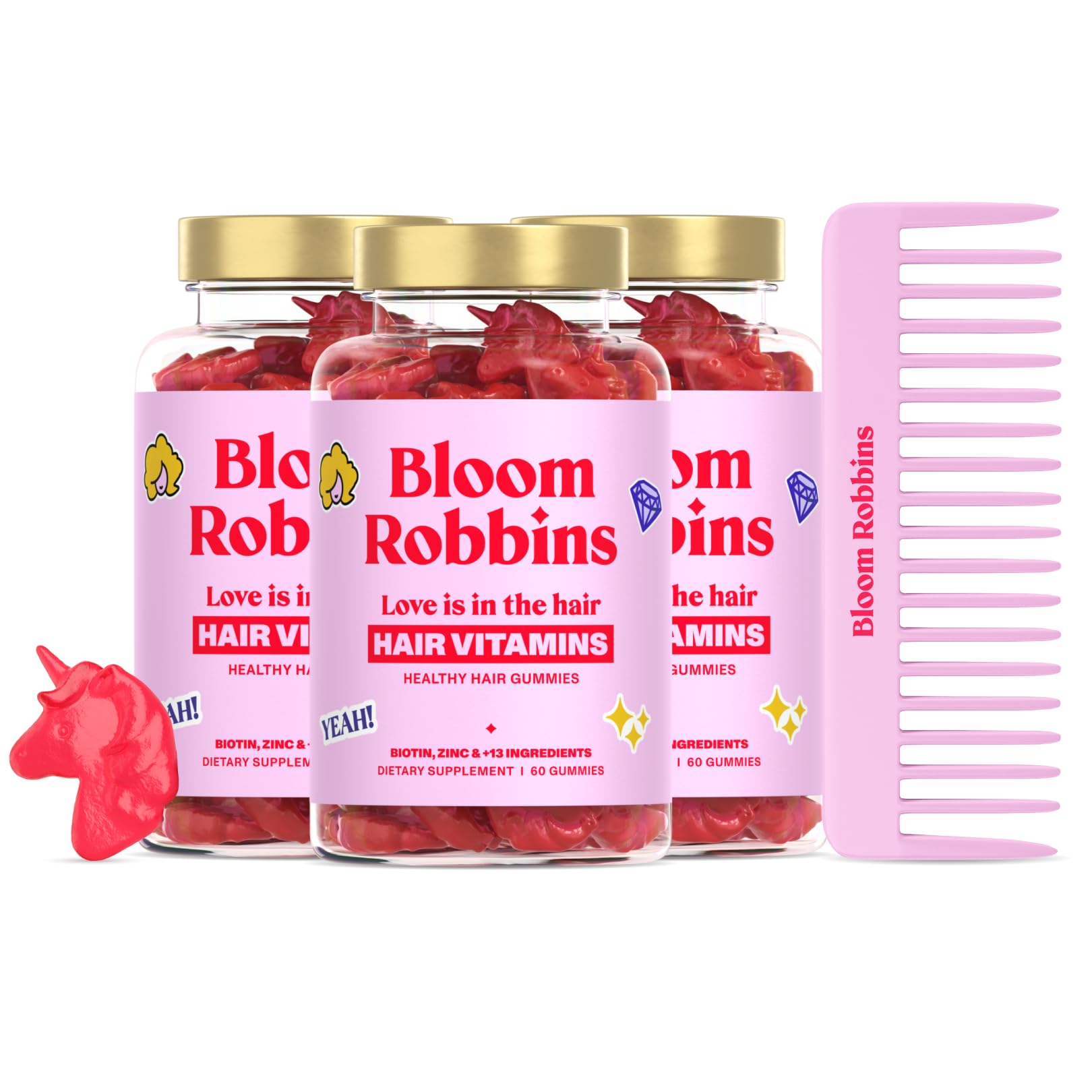 Bloom Robbins Hair Gummies jar close-up with strawberry flavor for vibrant hair