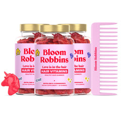 Bloom Robbins Hair Gummies jar close-up with strawberry flavor for vibrant hair