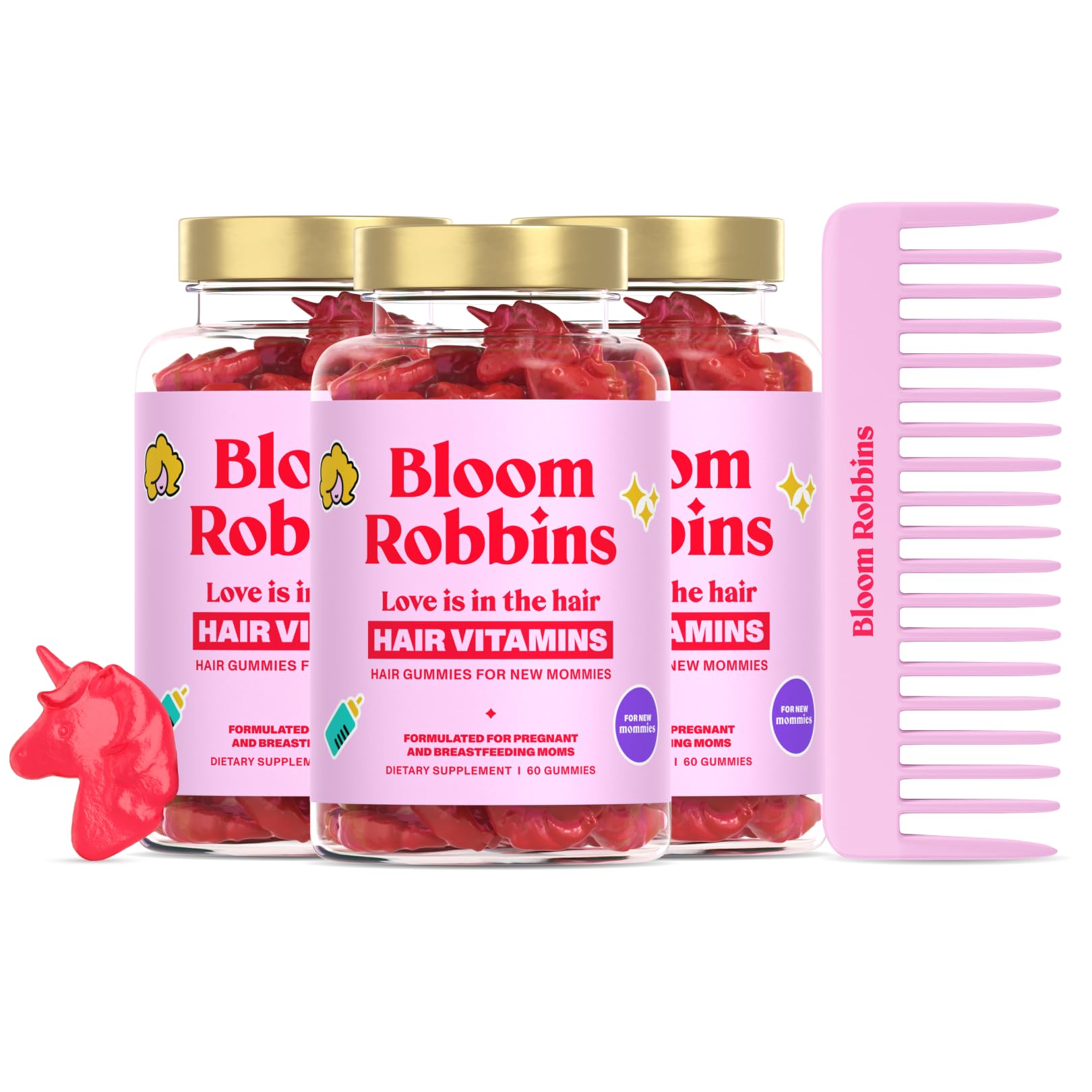 Bloom Robbins hair gummy prenatal bottle closeup with strawberry flavor for a tasty prenatal routine.