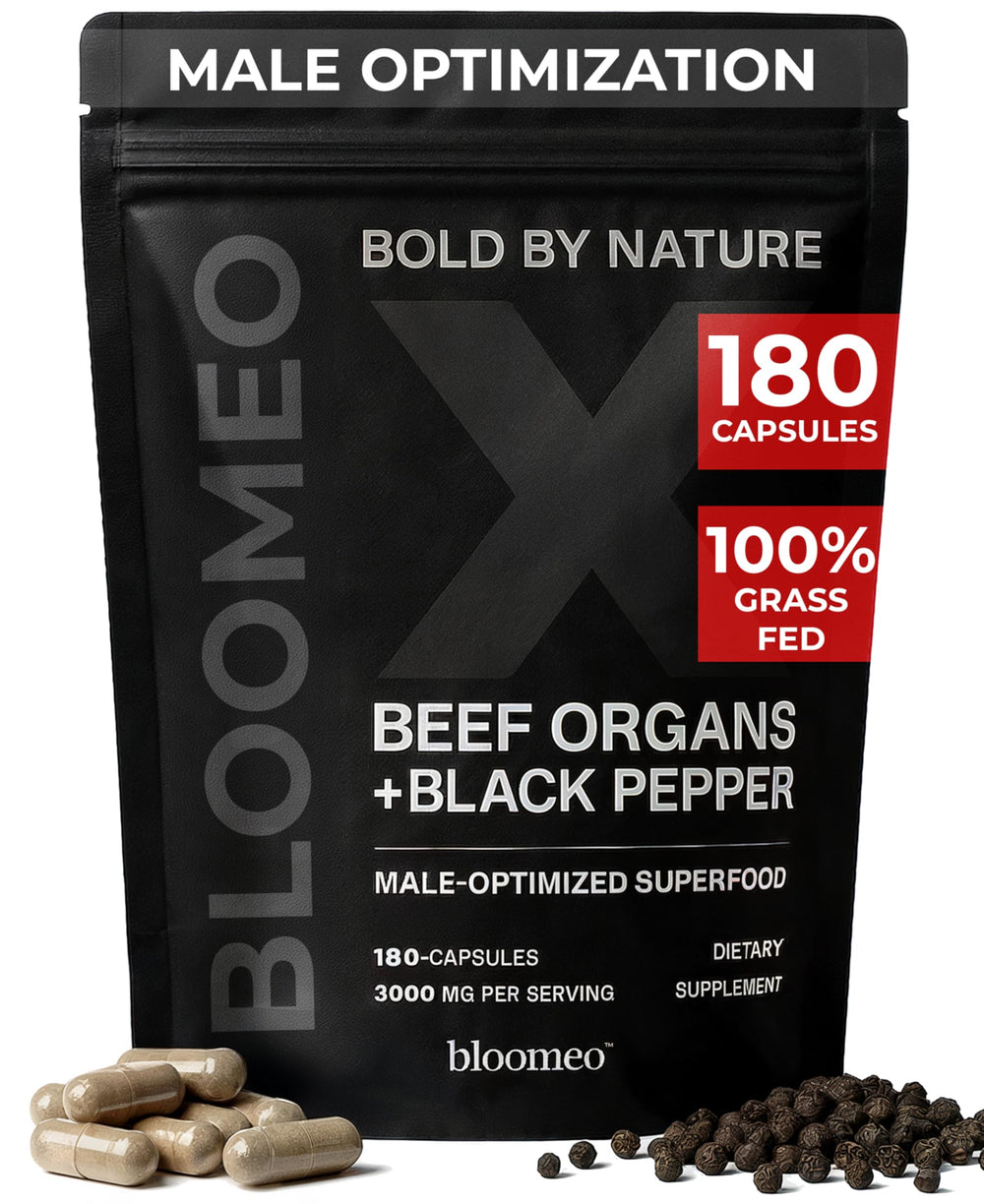 Bloomeo beef organ supplement bottle showcasing 180 capsules for daily vitality.