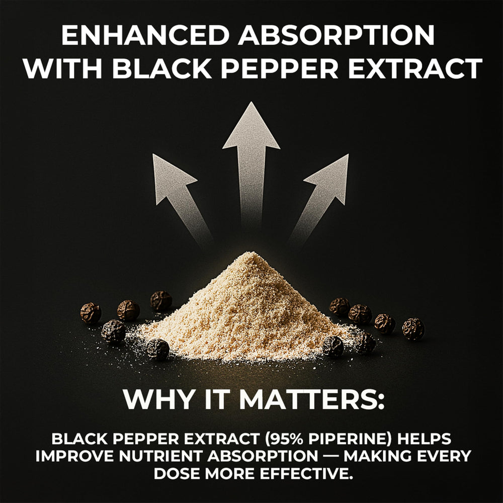 Bloomeo black pepper extract boosts absorption of key nutrients.