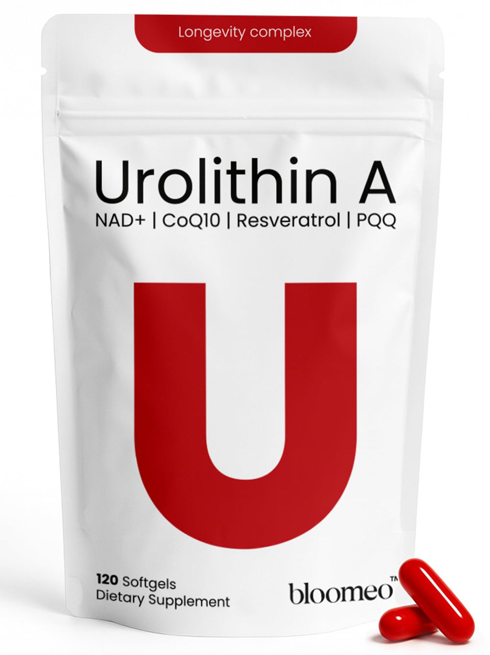 Bloomeo Urolithin A bottle front highlighting a longevity formula for energy.