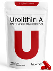 Bloomeo Urolithin A bottle front highlighting a longevity formula for energy.