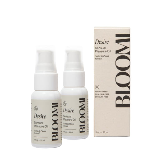 Bloomi Desire Body Oil bottle close-up—fragrance-free, lightweight hydration for calm skin.