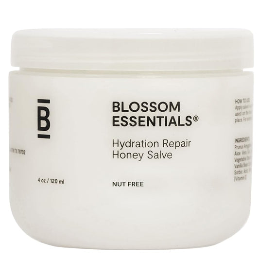 Blossom Essentials Honey Salve packaging highlights sensitive-skin suitability.
