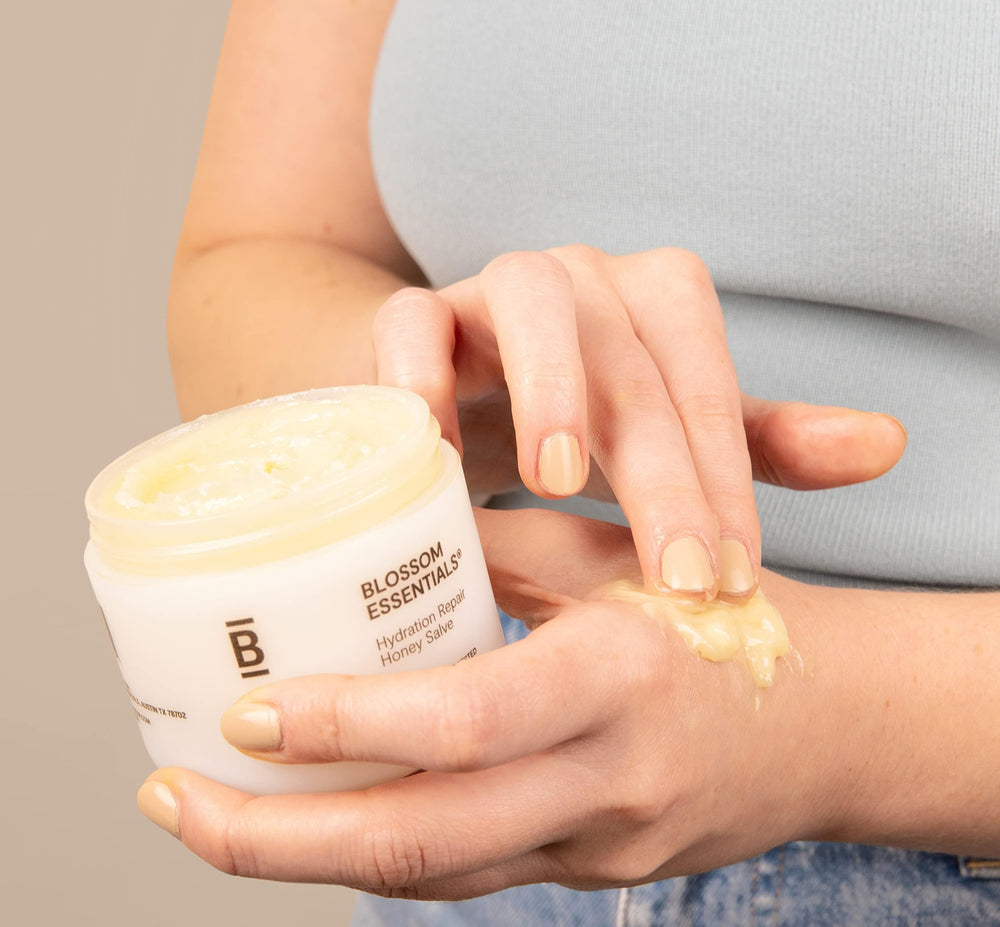Blossom Essentials Honey Salve texture melting into skin for moisture
