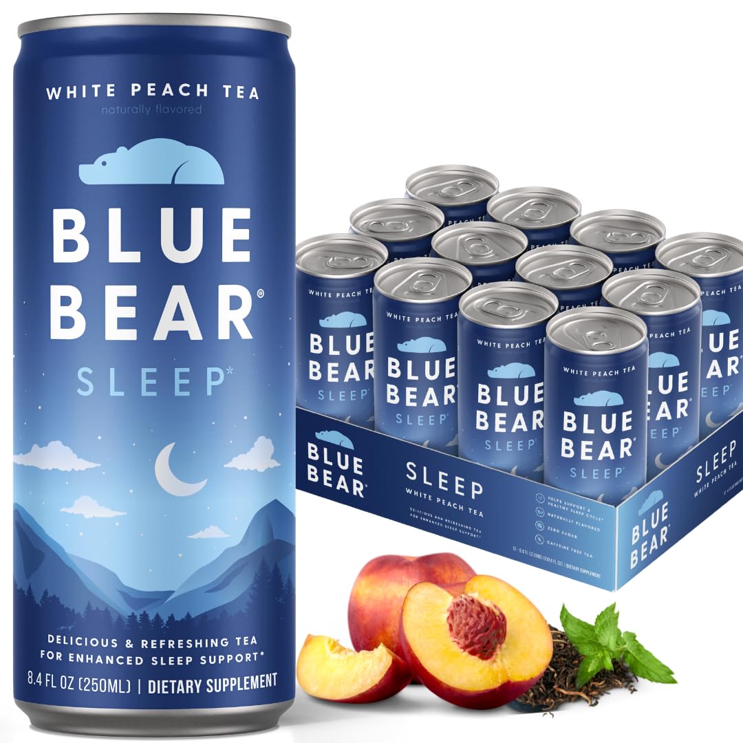 Blue Bear melatonin sleep drink can, aiding bedtime relaxation.