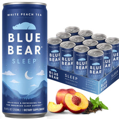 Blue Bear melatonin sleep drink can, aiding bedtime relaxation.