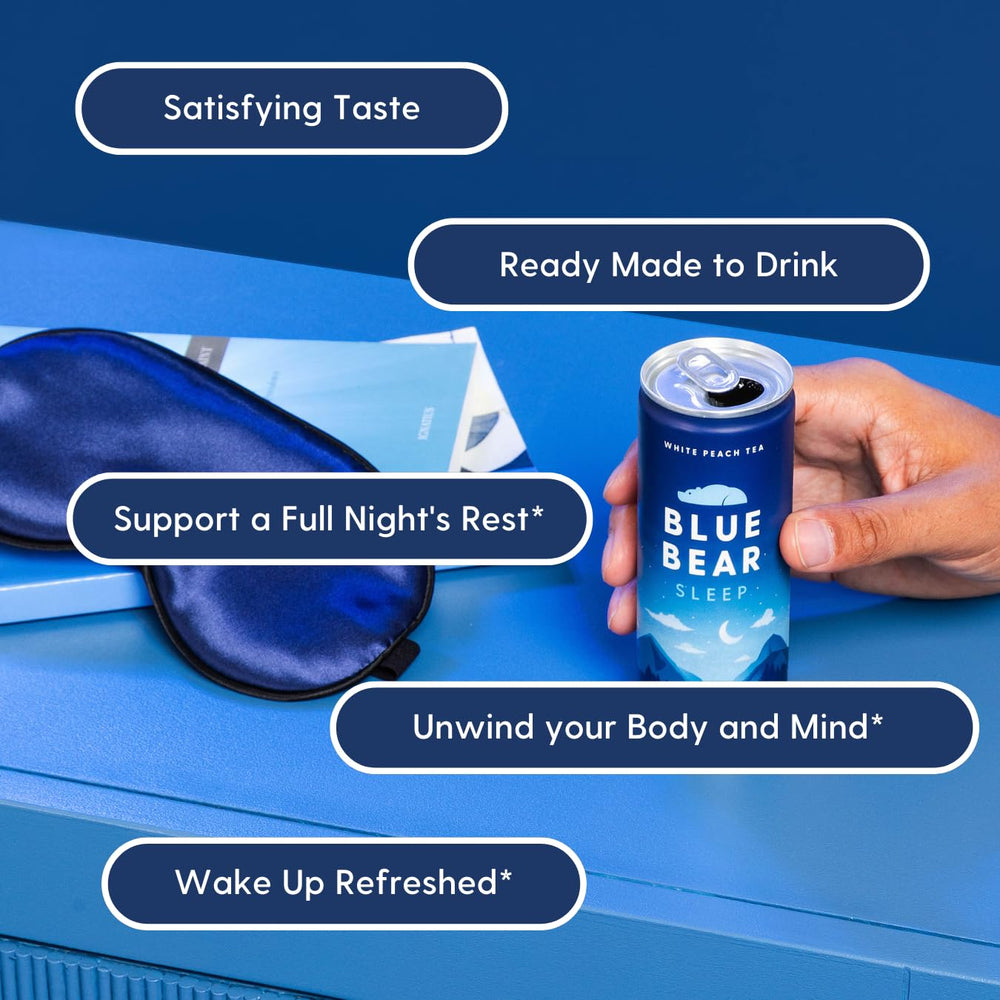 Blue Bear ready-to-drink can, convenient bedtime beverage option.