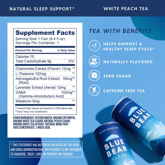 Blue Bear white peach tea can, caffeine-free evening option.