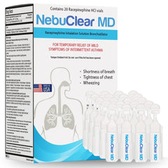 Blue Echo Care NebuClear MD US-made box for OTC nebulizer therapy.