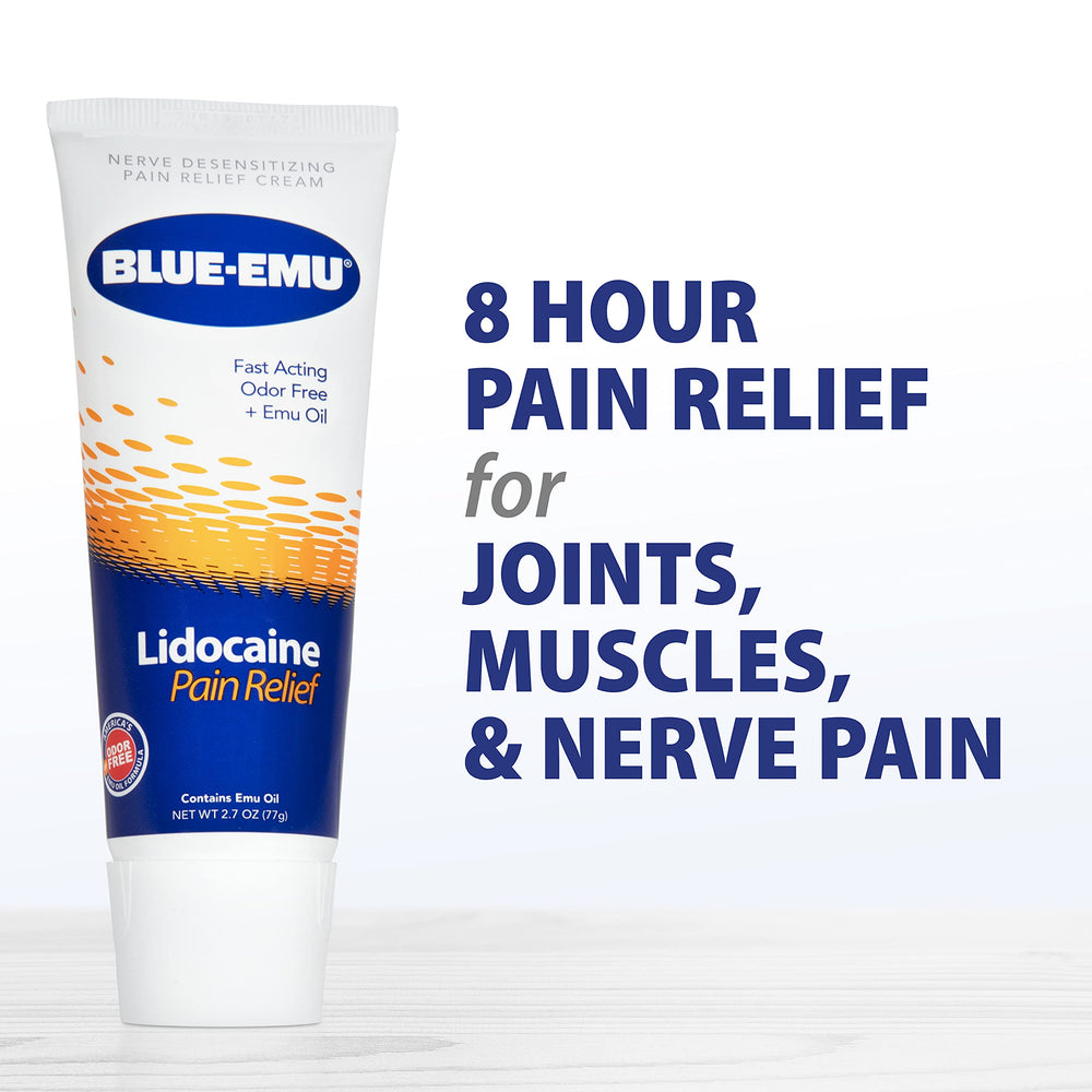 BLUE-EMU compact 2.7oz tube in hand reveals portable relief.