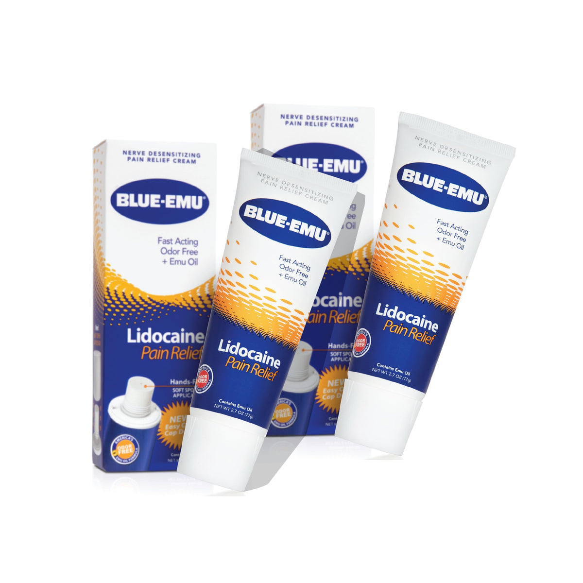 BLUE-EMU lidocaine pain relief cream tube demonstrates targeted numbing for quick relief.