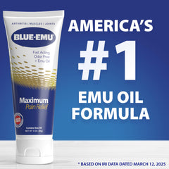BLUE-EMU Maximum Pain Relief Cream label closeup highlighting safety and key benefits