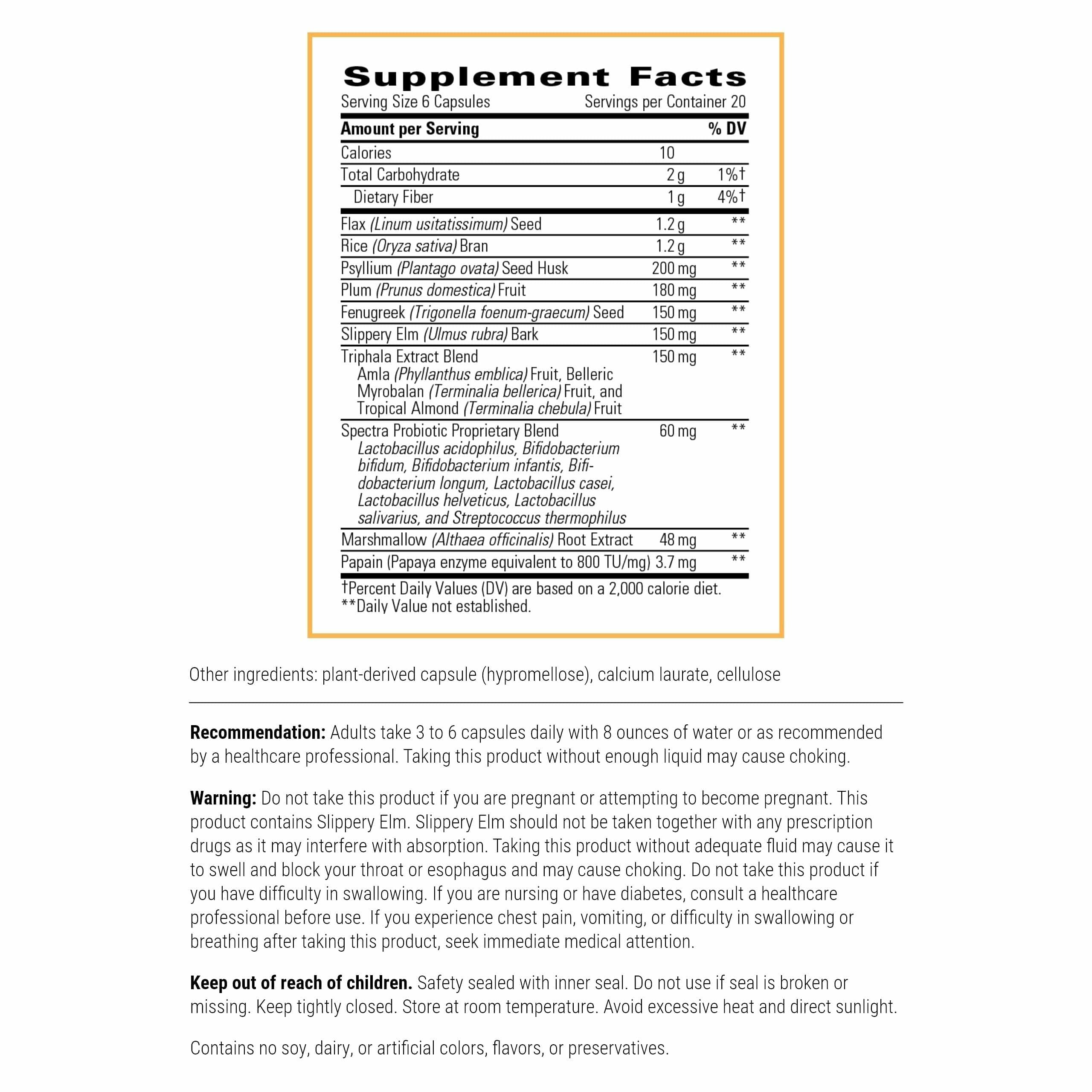 Blue Heron capsules close-up highlighting fiber and herbs for gut health