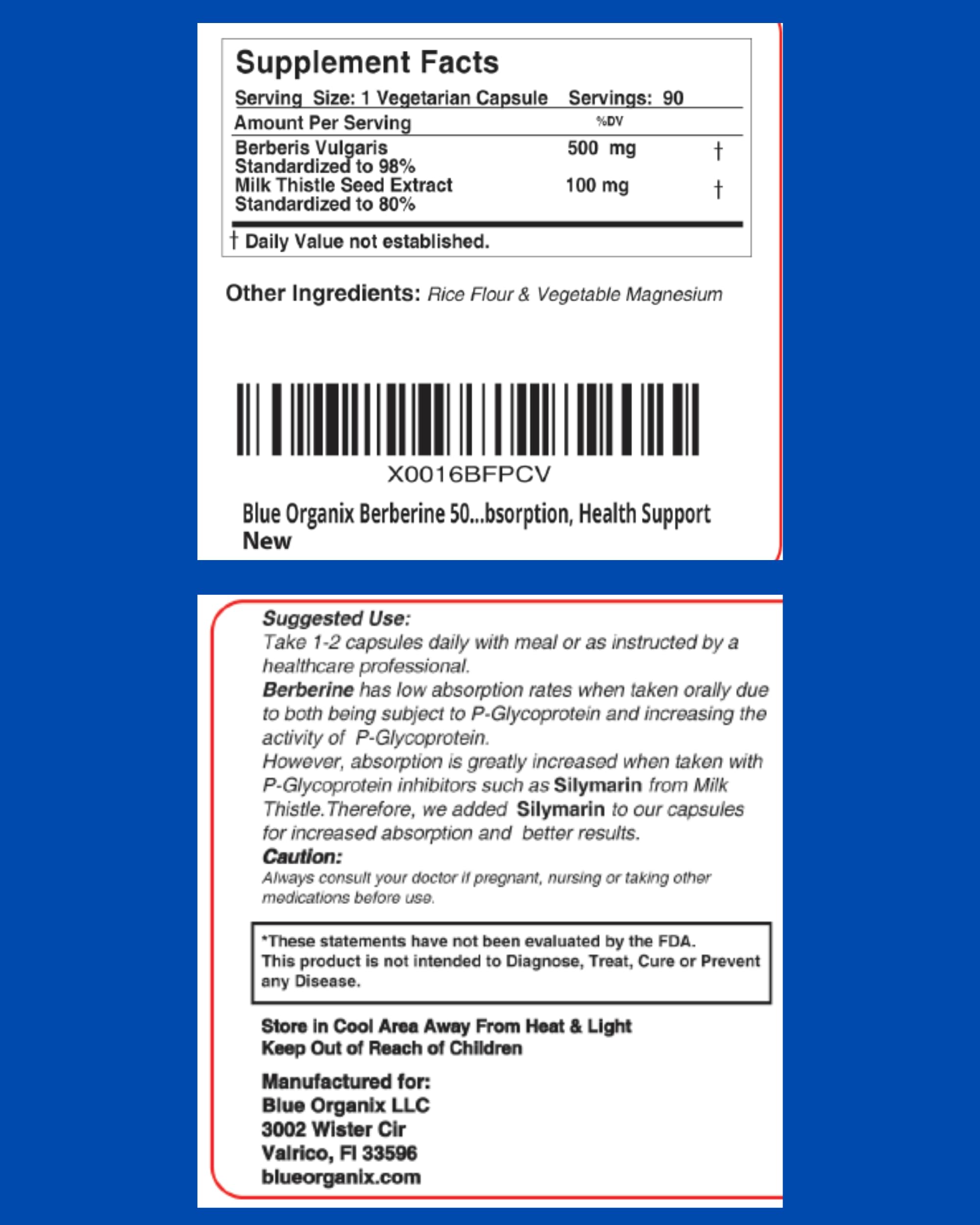 Blue Organix Berberine bottle in hand suggests convenient daily use