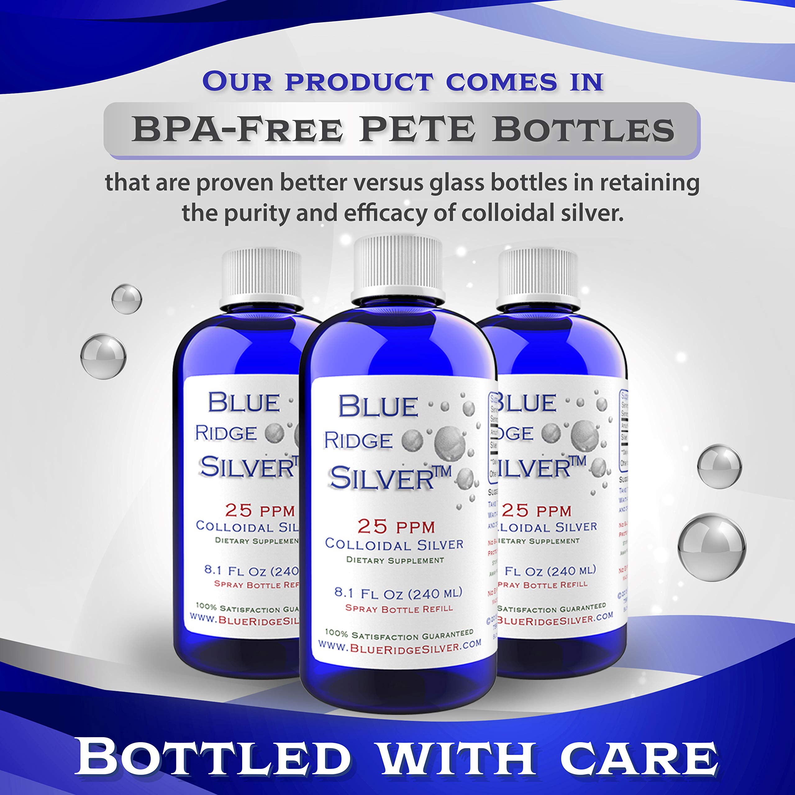 Blue Ridge Silver glass bottle closeup with product label.