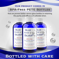 Blue Ridge Silver glass bottle closeup with product label.