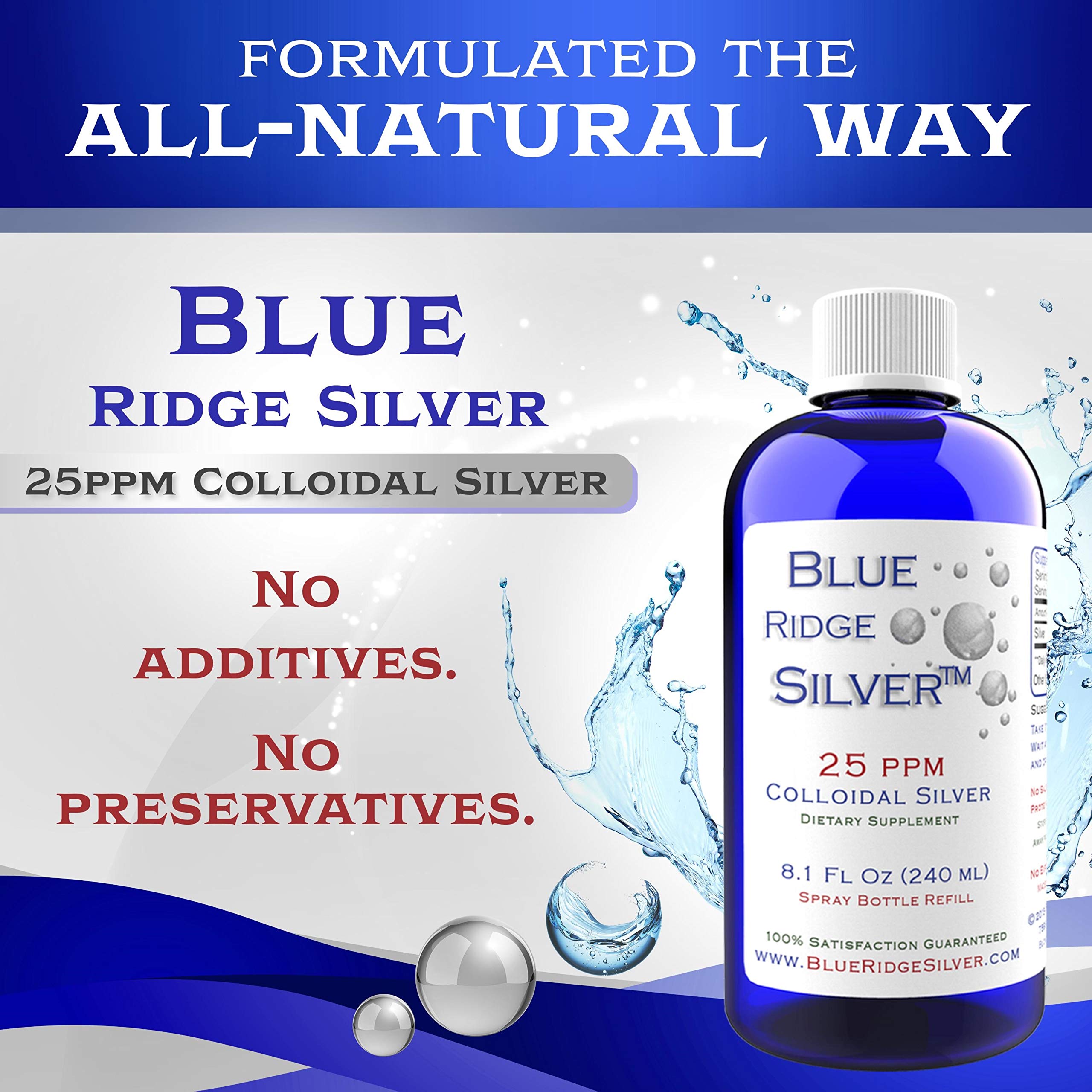 Blue Ridge Silver label detail shows 25 ppm concentration.