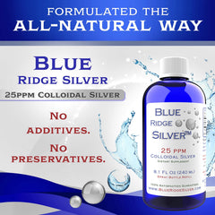 Blue Ridge Silver label detail shows 25 ppm concentration.