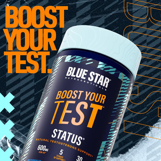 Blue Star Status capsules arranged to suggest a daily dose for energy