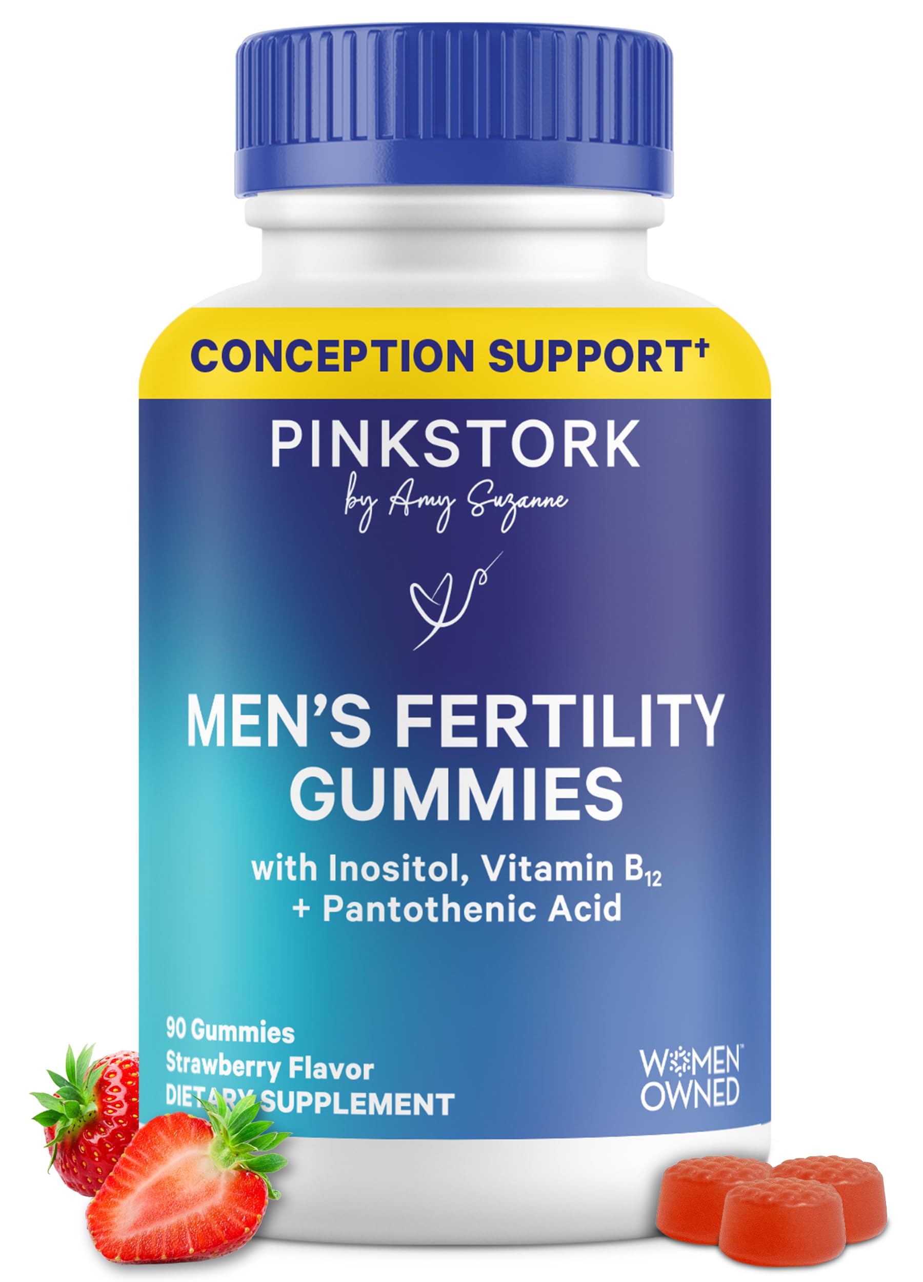 Blue Stork Fertility Gummies for Men bottle with colorful gummies for daily conception support.