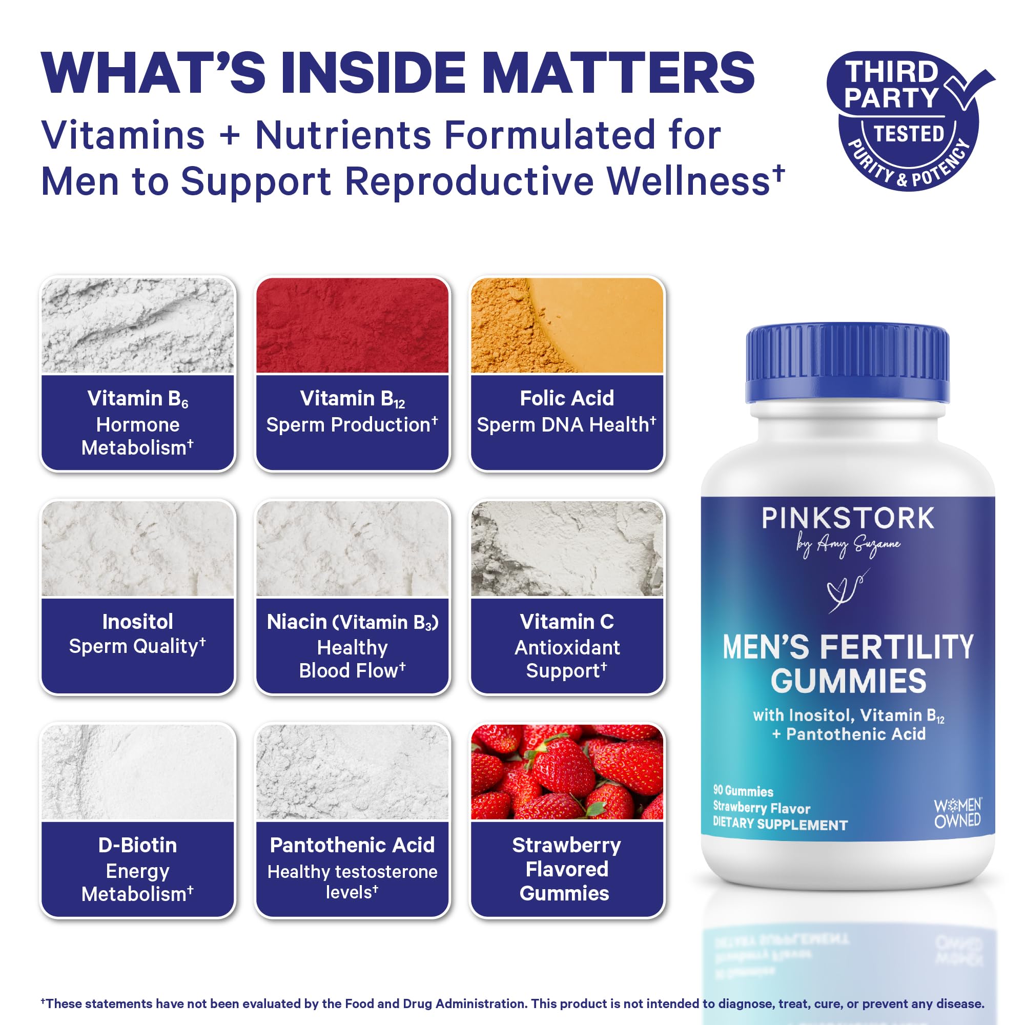 Close-up of Blue Stork gummies highlighting vitamins for energy and hormonal balance.