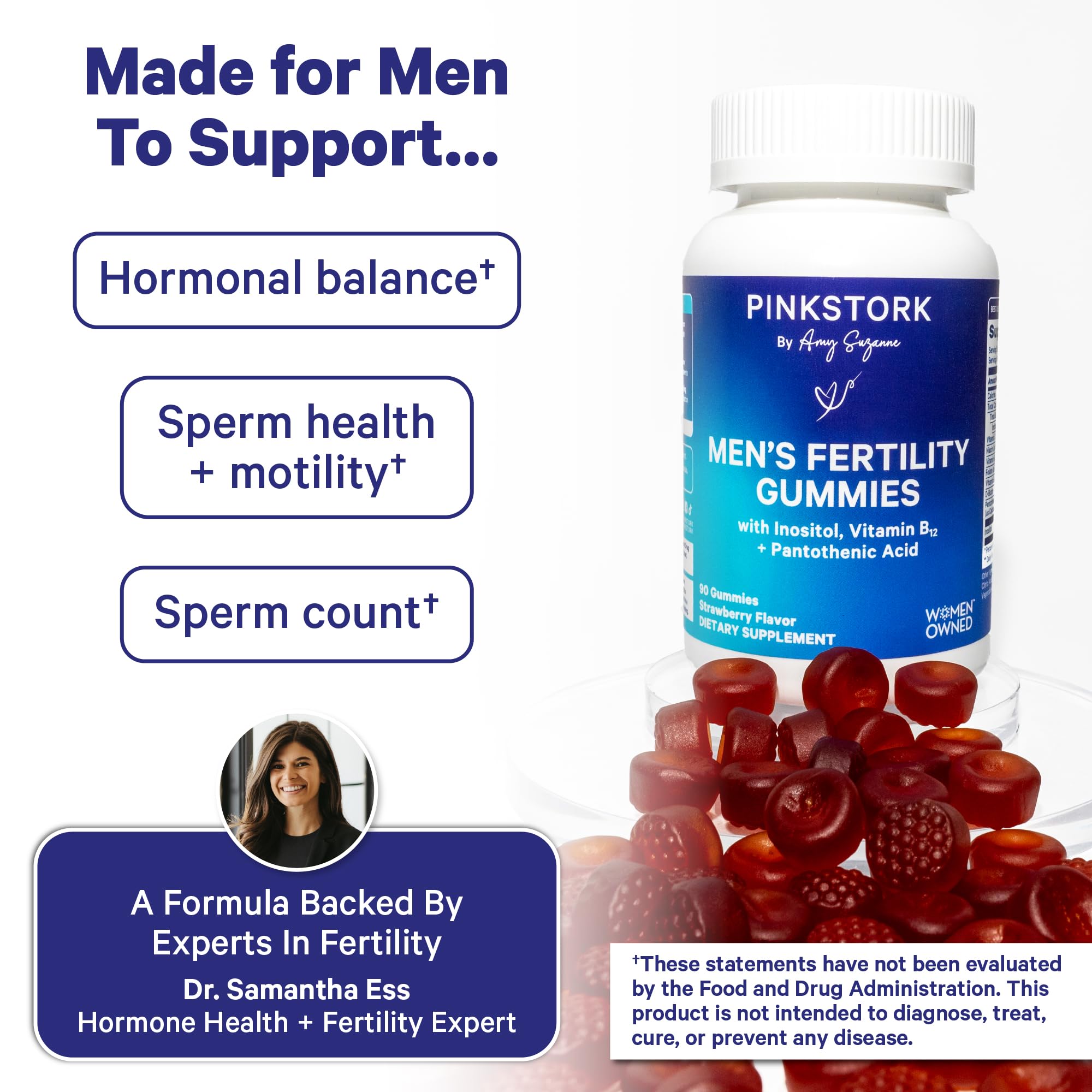 Blue Stork Fertility Supplement label shows non-GMO, gluten-free, dairy-free ingredients.