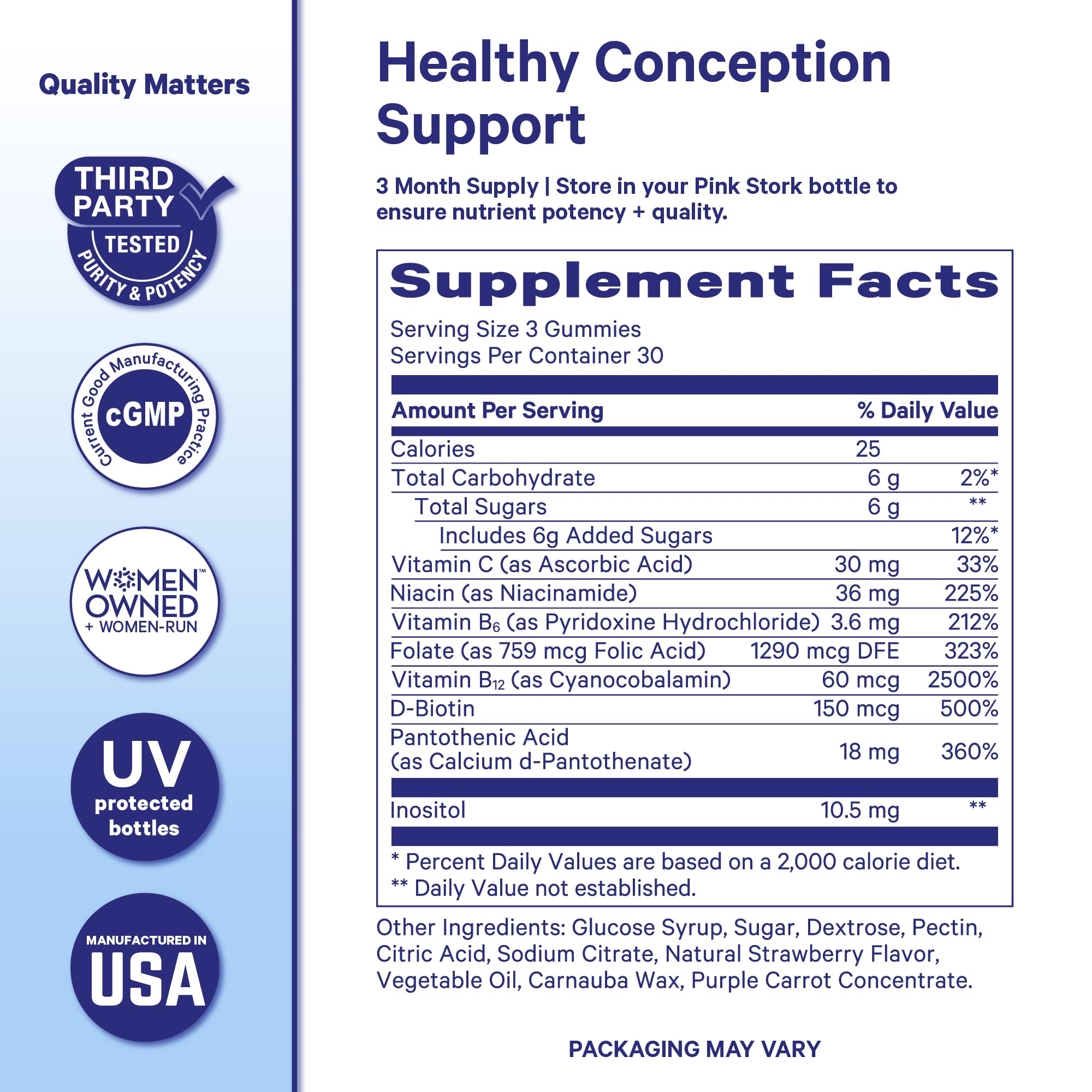 Close view of folic acid and inositol in Blue Stork formula.