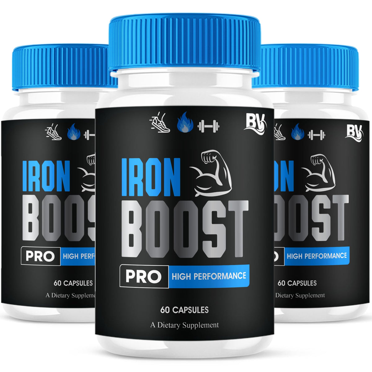 Blue Vibe Iron Boost Pro bottle on a clean surface promotes daily wellness.
