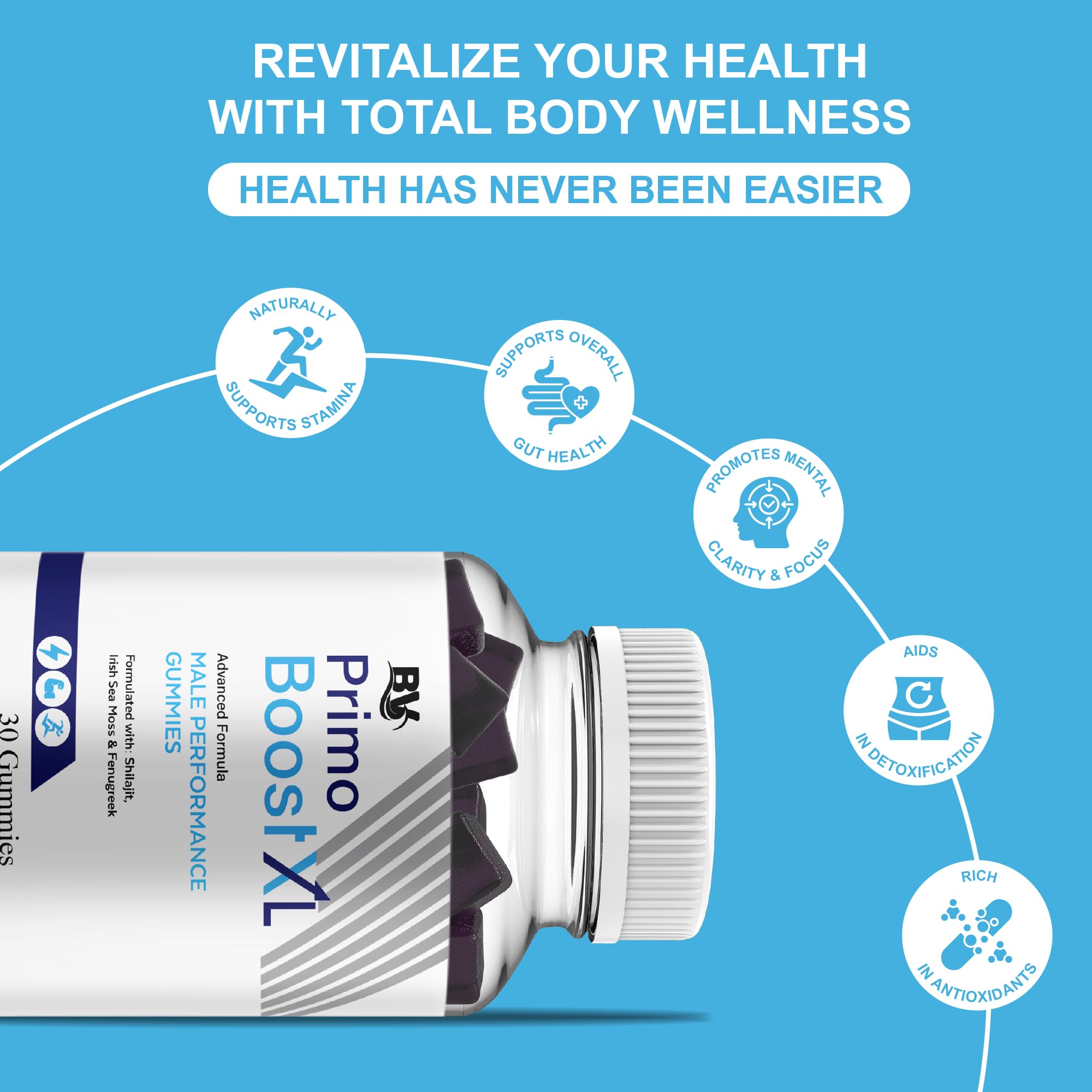 Blue Vibe Primo Boost XL bottle with glass illustrating on-the-go daily energy