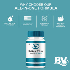 Blue Vibe Retina Clear bottle on desk beside a glass of water