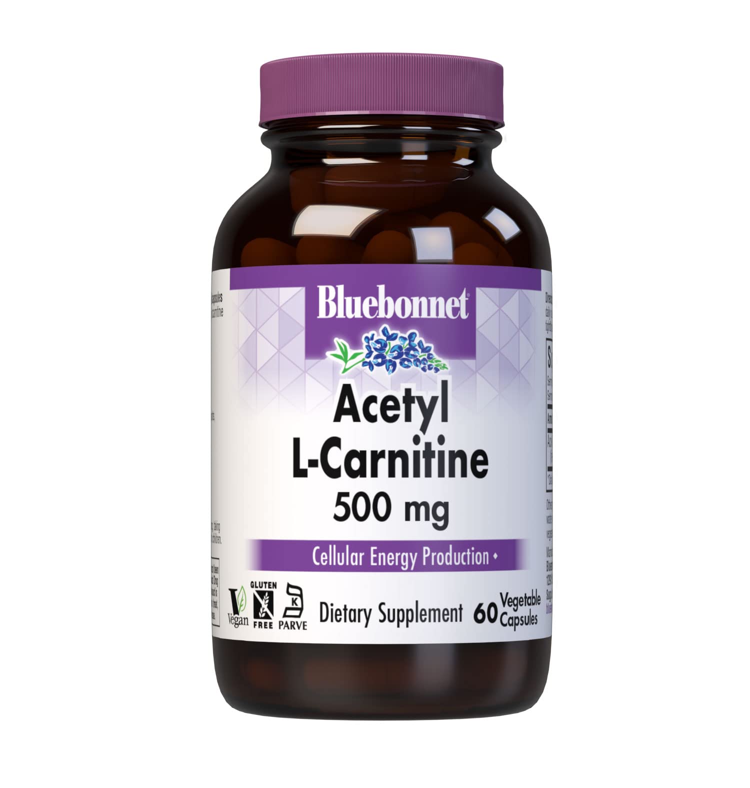 Bluebonnet Acetyl L-Carnitine 500 mg capsules on the front of the bottle for daily energy support.