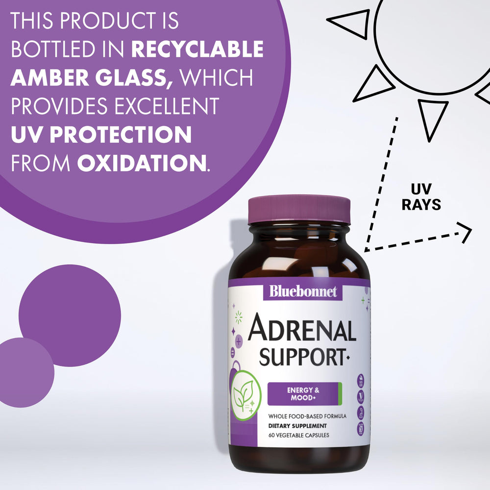 BlueBonnet Adrenal Support ingredient icons illustrating vegan and non-GMO quality.
