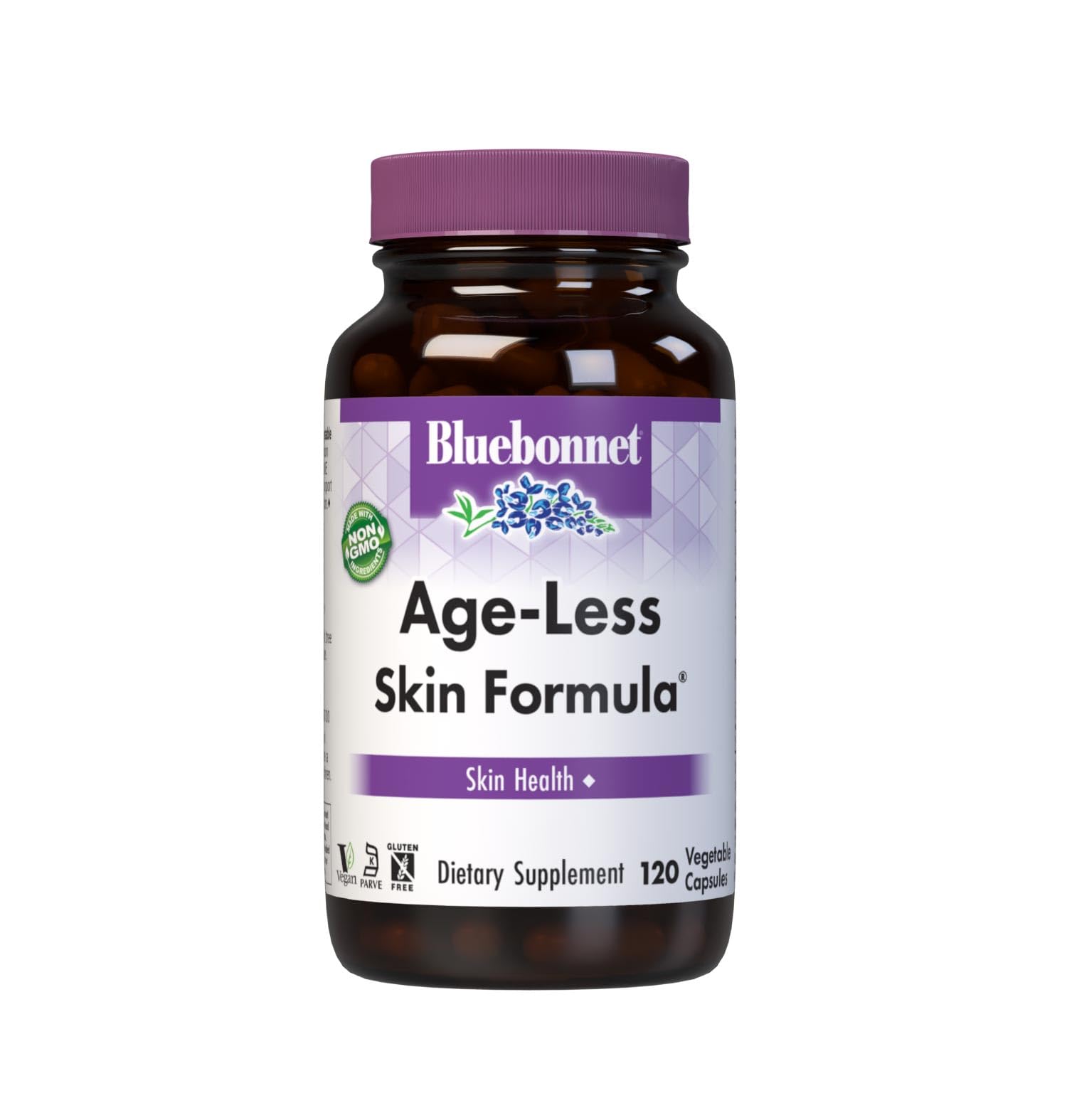 BlueBonnet Age-Less Skin bottle label with vegan capsules for daily skin support.