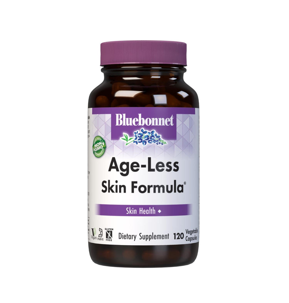 BlueBonnet Age-Less Skin bottle label with vegan capsules for daily skin support.