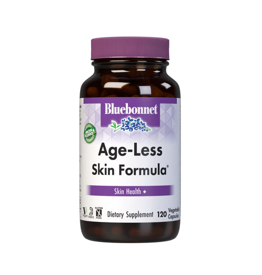 BlueBonnet Age-Less Skin bottle label with vegan capsules for daily skin support.