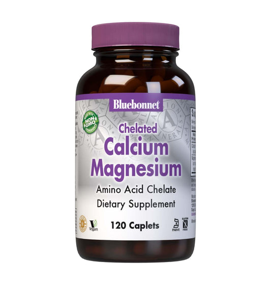 BlueBonnet Albion calcium magnesium caplets bottle front, easy bone-support supplement