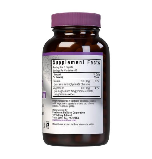 BlueBonnet Albion caplets bottle side, showcasing chelated minerals for gentle digestion