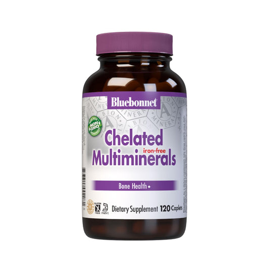 BlueBonnet Albion Chelated Minerals iron-free bottle with caplets for daily mineral support.