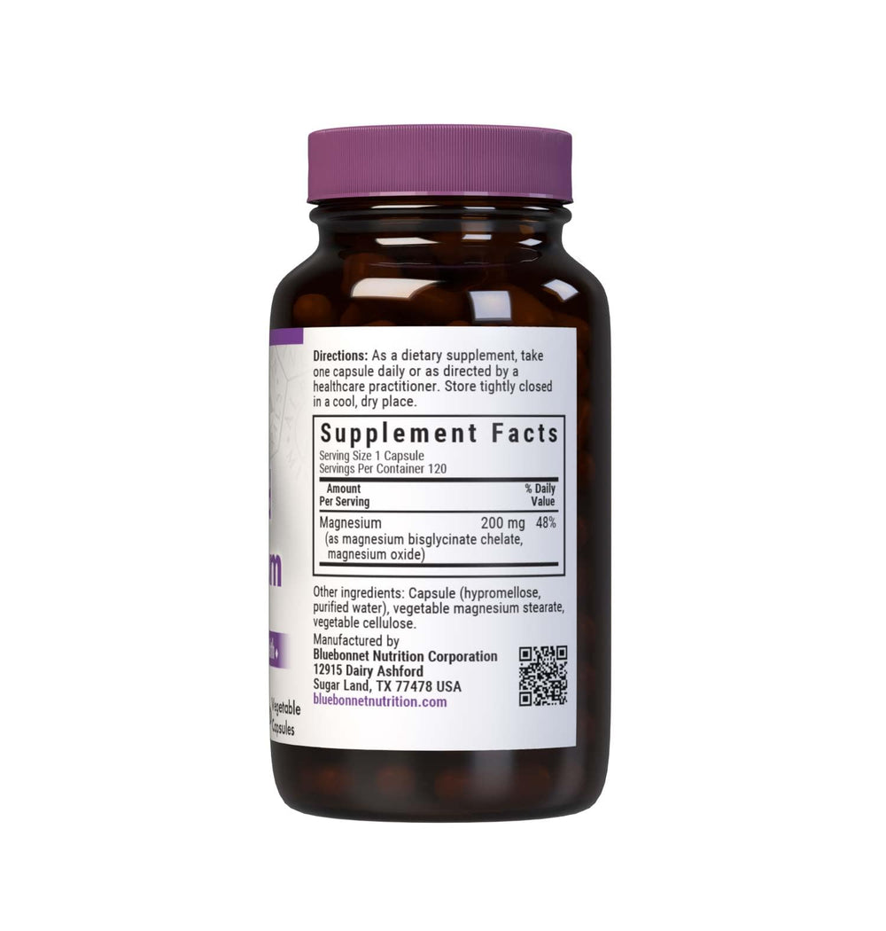 Close-up of Bluebonnet Albion magnesium capsules highlighting vegan formula