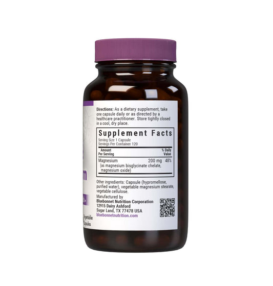 Close-up of Bluebonnet Albion magnesium capsules highlighting vegan formula