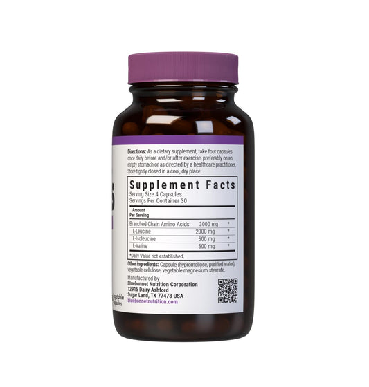 BlueBonnet BCAAs bottle label showing 30 servings for vegan, non-GMO amino acid support.