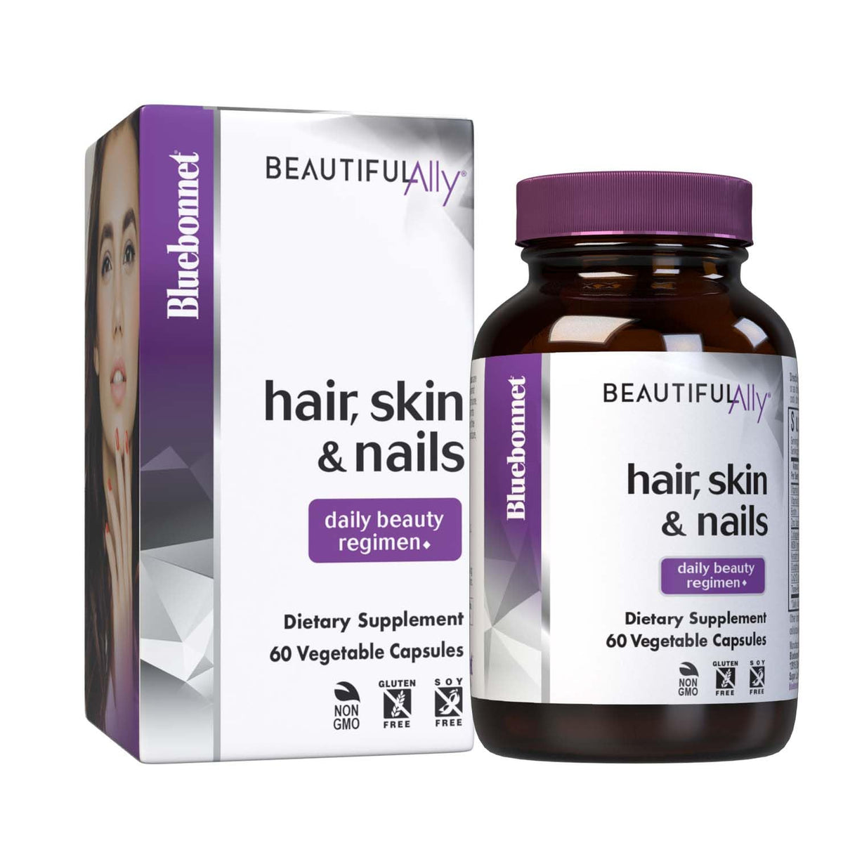 Bluebonnet Beautiful Ally capsules closeup showing easy-to-swallow veggie capsules for beauty support.