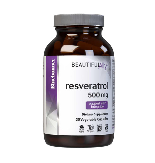 Bluebonnet Beautiful Ally Resveratrol bottle highlighting 30 servings for skin integrity support.