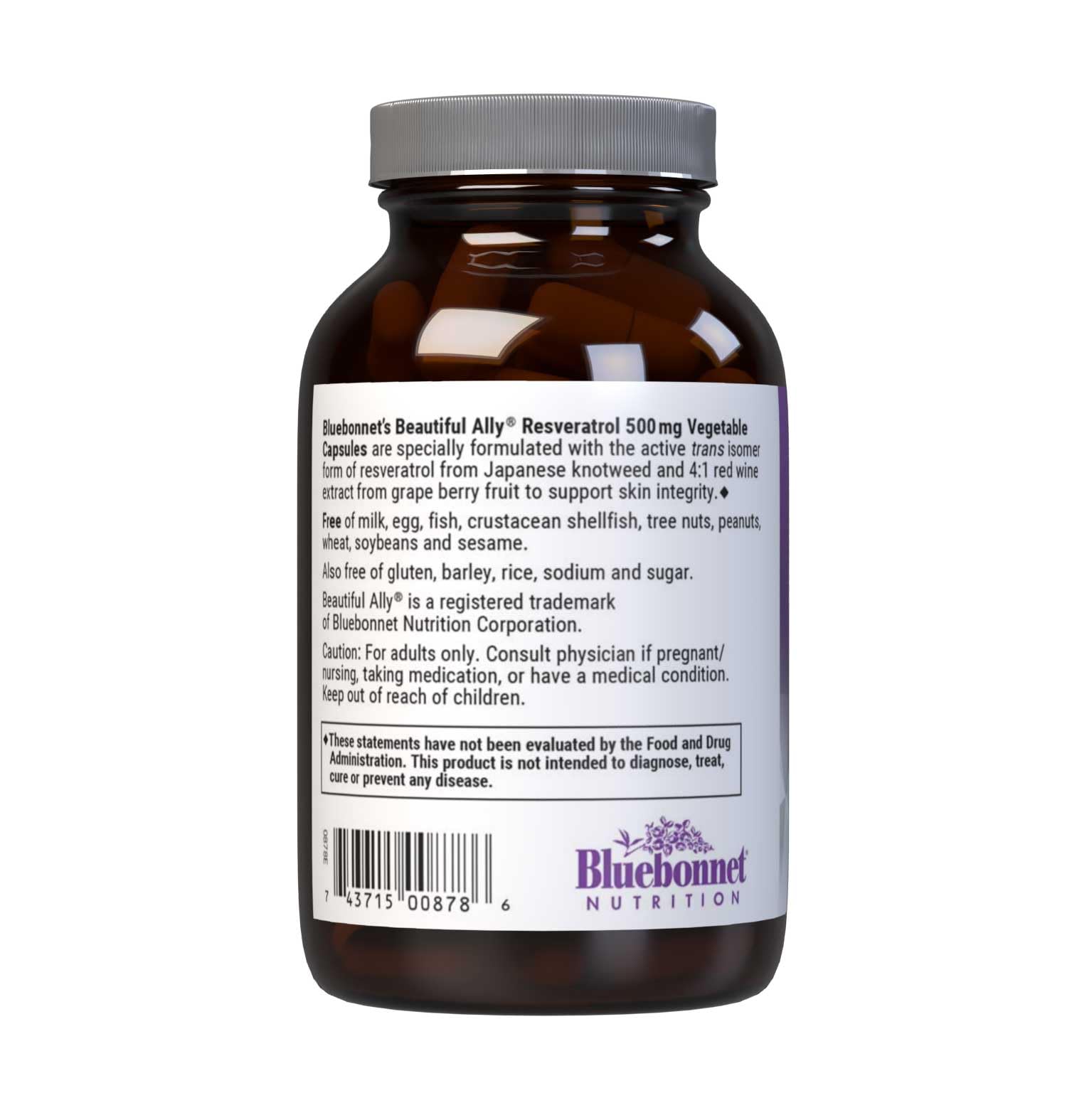 Bluebonnet Beautiful Ally Resveratrol label detail highlights ingredients and serving size for informed use.